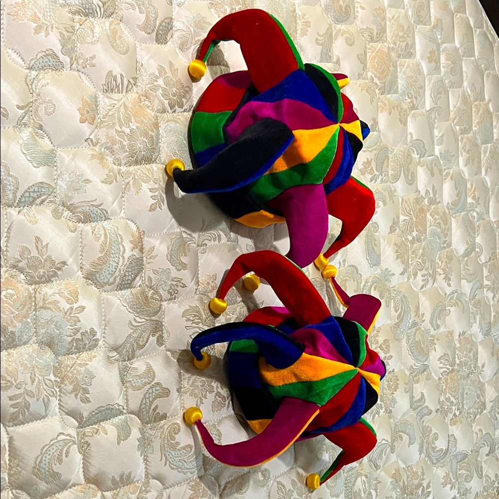 Two Colorful Jester Hats with Bells